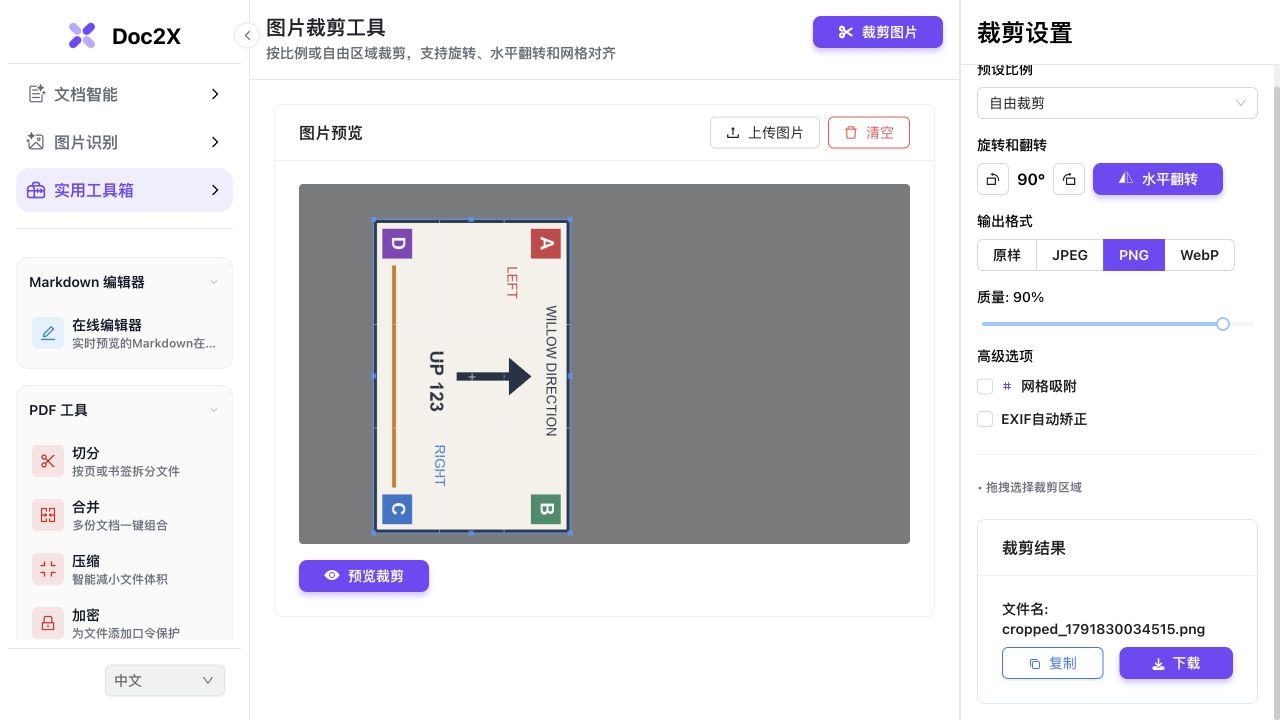 实际图片裁剪工作区:顺时针90度、自由裁剪、PNG输出,调整选区覆盖完整方向图;此图展示生成前设置