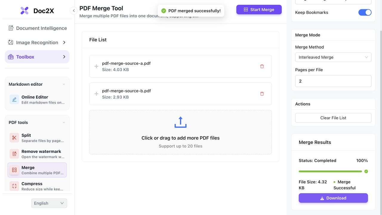 The English PDF merge tool after a completed merge, with files A and B, Interleaved Merge, Pages per File set to 2, and Keep Bookmarks enabled.