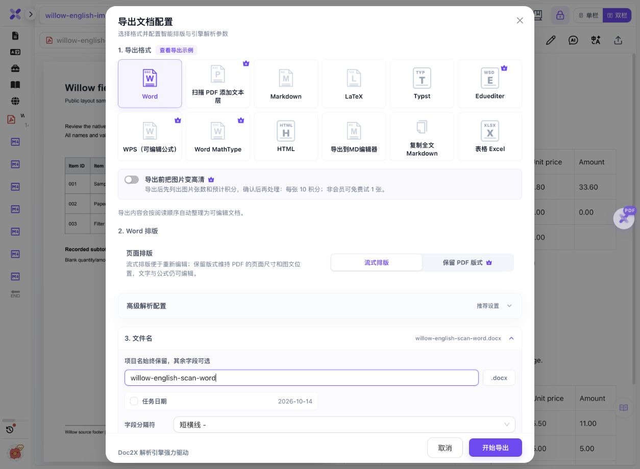 Actual export dialog in Chinese with Word and Reflow selected after OCR of the image-only English PDF.