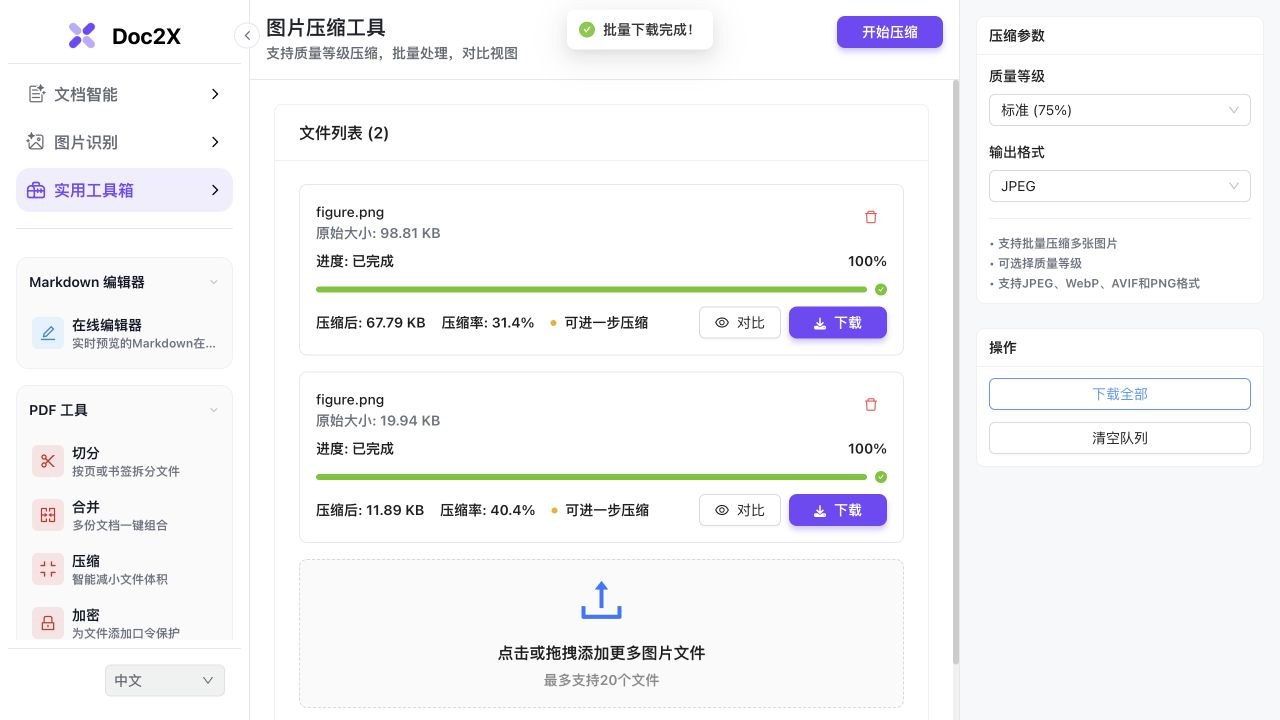 实际图片压缩工作区显示两张同名figure.png,标准JPEG完成后分别为67.79KB和11.89KB,逐张大小不同。