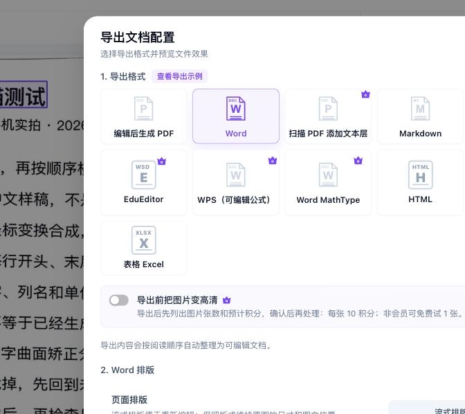 实际导出配置可见普通Word已选择、图片高清关闭;底部版式选项未完整入画