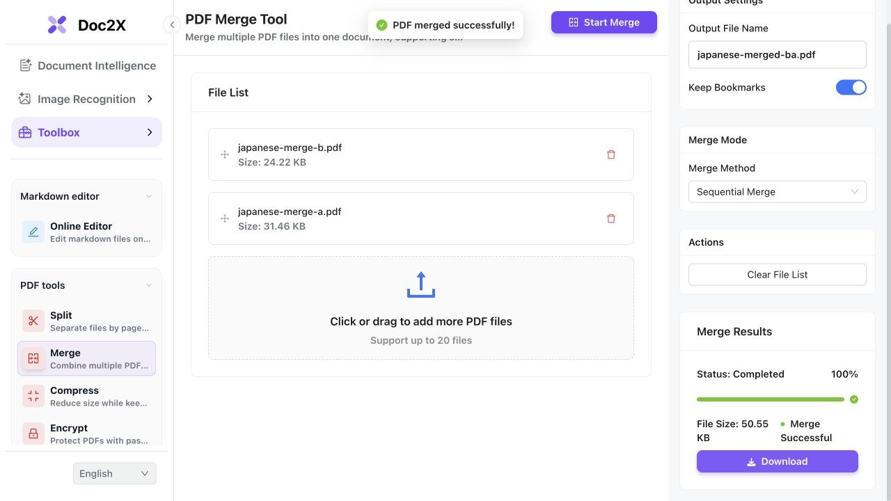 実際の英語版ツールで付録Bを本文Aの前に移動し、Sequential MergeとKeep Bookmarksを選んで結合した画面。
