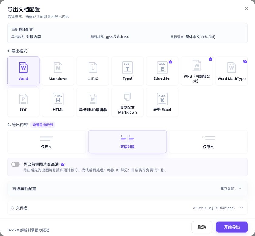 新双语结果的真实导出配置,导出能力为对照内容,选择Word与双语对照,文件名willow-bilingual-flow.docx