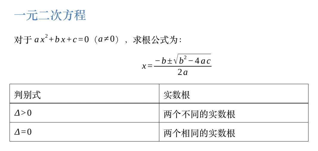 实际导出 DOCX 的文档渲染预览,包含求根公式和三行两列表格