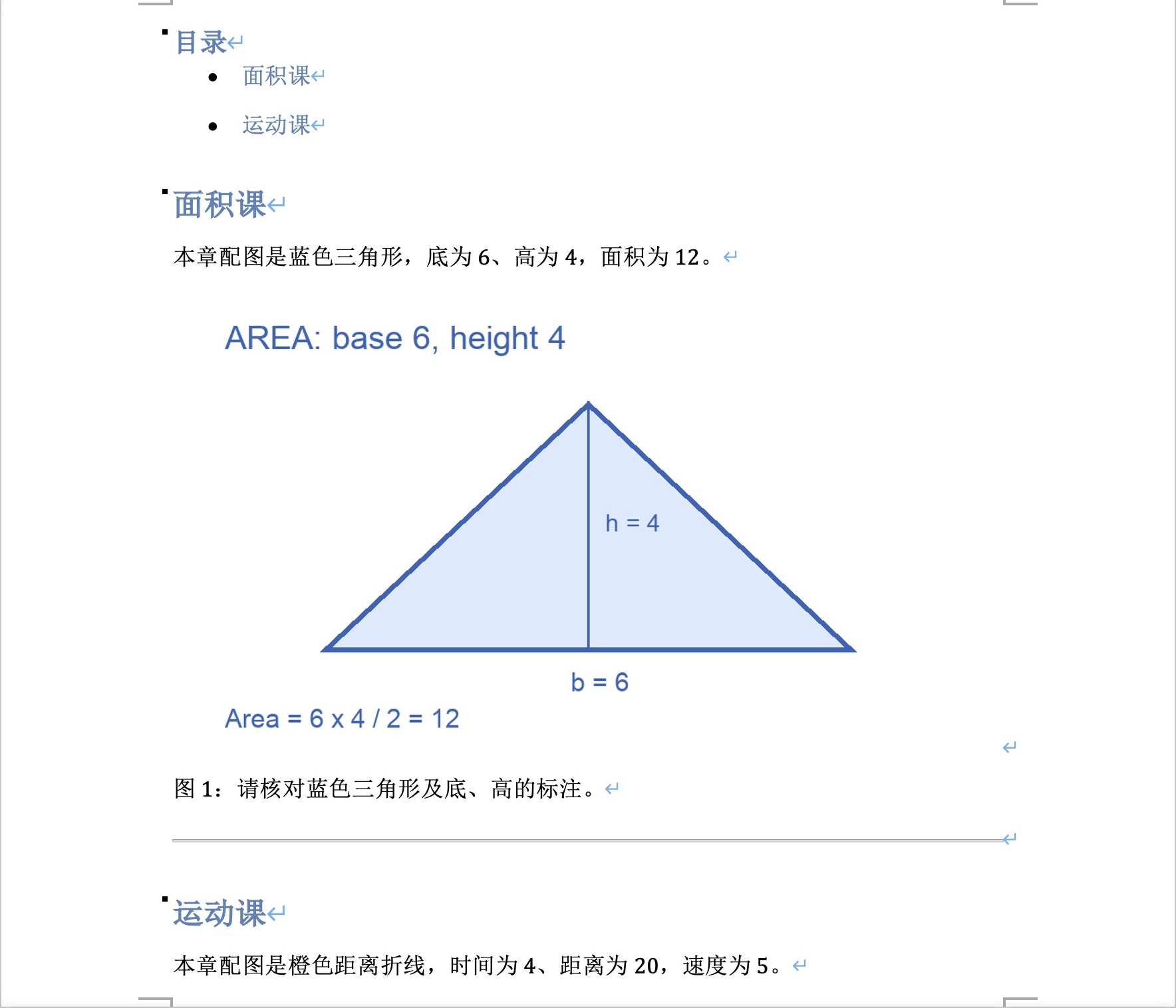 实际Microsoft Word第一页显示面积课蓝色三角形、底6高4和图1图注,来自本次Markdown补原图后的DOCX