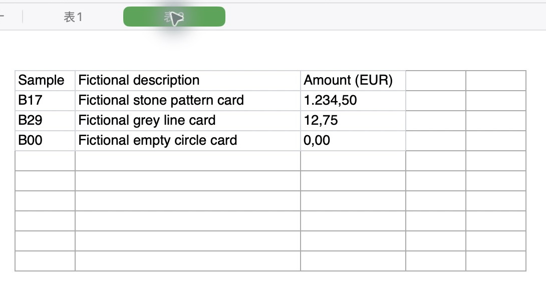 本次原生XLSX在Numbers打开表2,金额1.234,50、12,75、0,00完整显示;旁边部分说明受列宽截断,未编辑、转换或求和