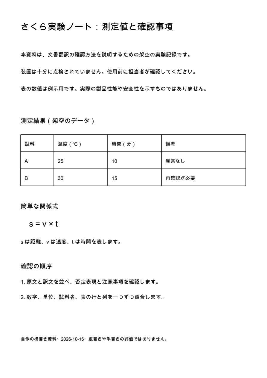 自编日文文字PDF原页,包含虚构实验说明、未充分检查的否定句、A与B两行表格、简单关系式及核对步骤