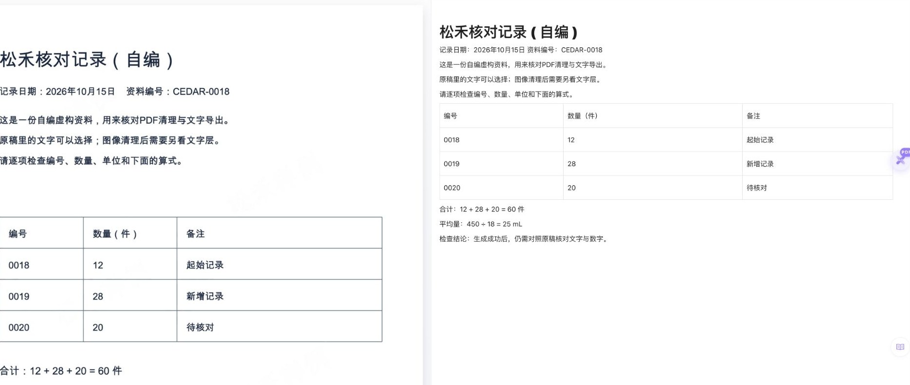 清理后同一PDF继续OCR的真实双栏阅读器,左侧页面图像与右侧文字表格并排,右上有导出文档