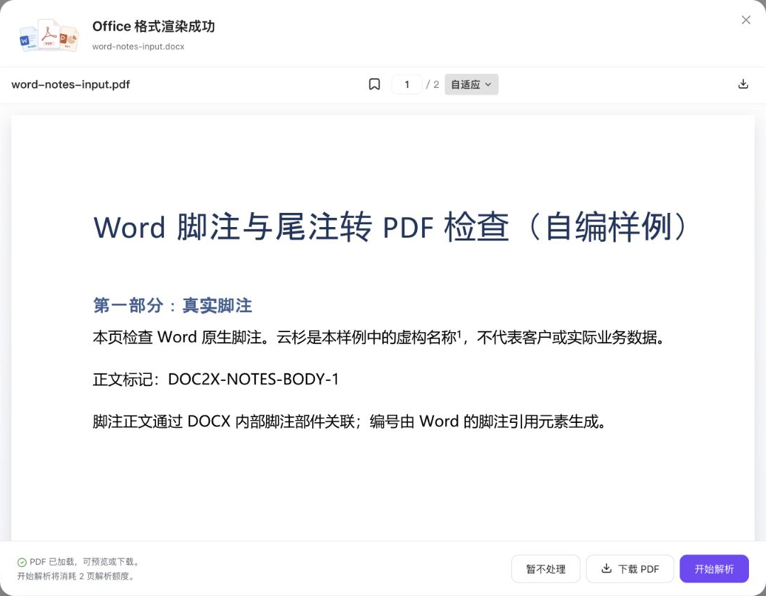 本次Office格式渲染成功对话框局部截图,显示共2页预览、下载PDF和暂不处理入口;首屏没有展示页底脚注全文,不含账号侧栏或无关文件列表