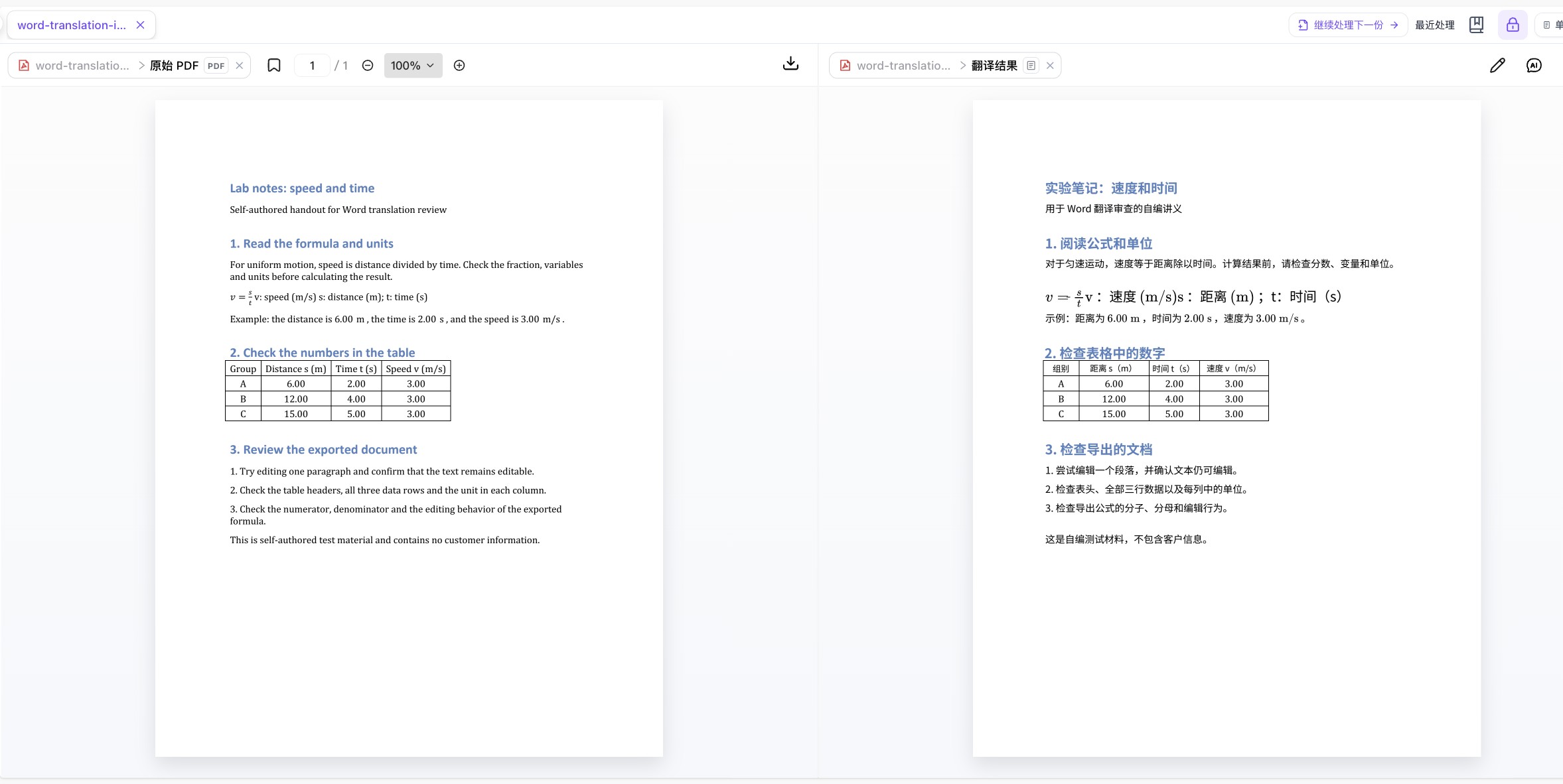 同一份自编英文 Word 转换后的原 PDF 与实际中文译页,正文、公式和表格并排核对
